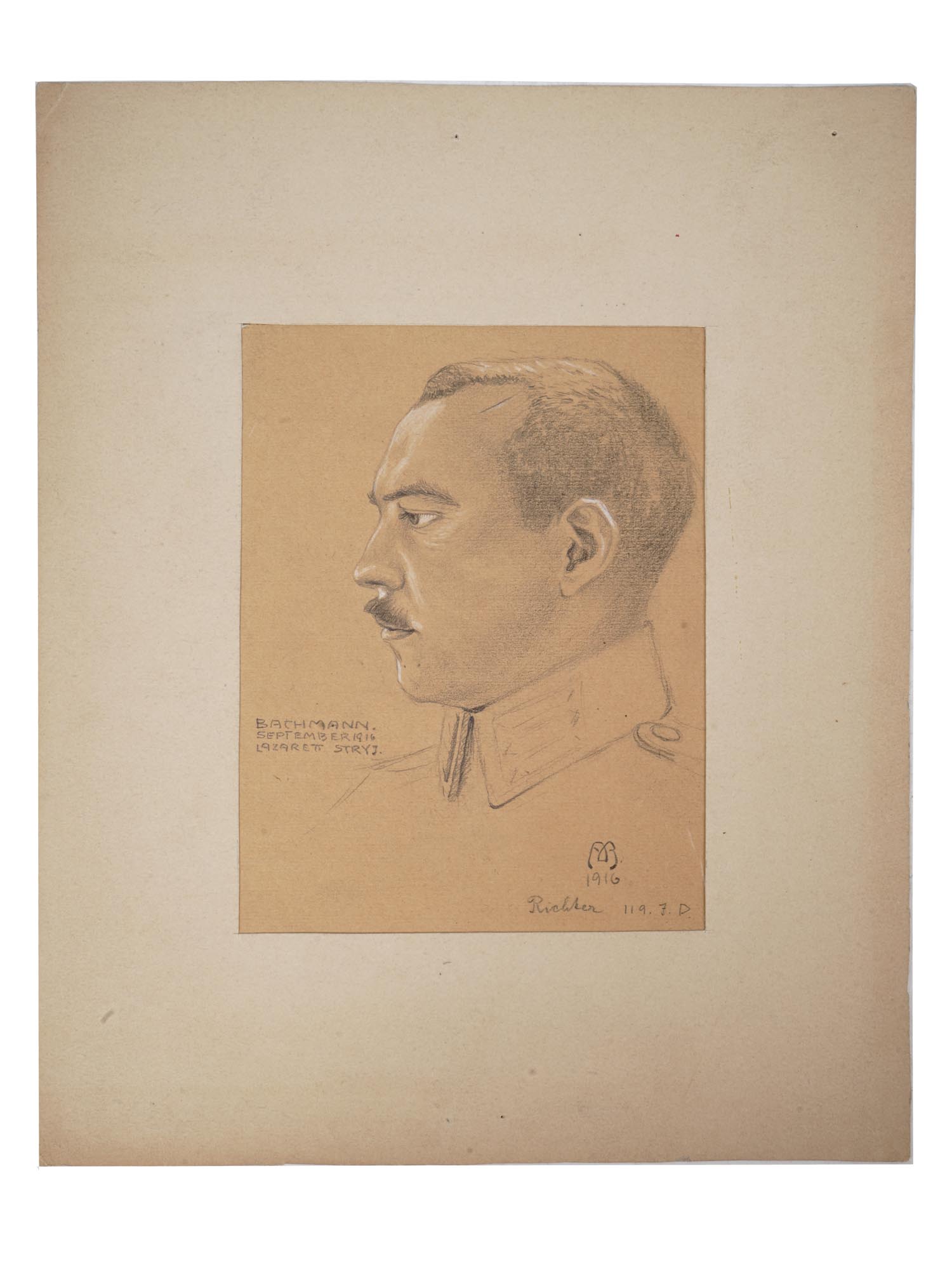 ANTIQUE 1916 GERMAN GRAPHITE PORTRAIT OF BACHMANN